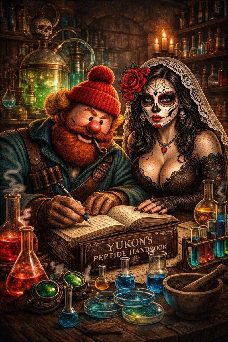 Full illustration of Yukon writing the peptide handbook